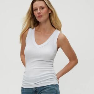 Michael Stars Women's Blanche White V-Neck Ribbed Tank Ruchced Sides‎ - Size XL